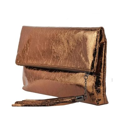 Crackle Metallic Tassel Foldover Clutch