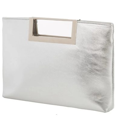 Silver Embossed Metal Top Handle Clutch