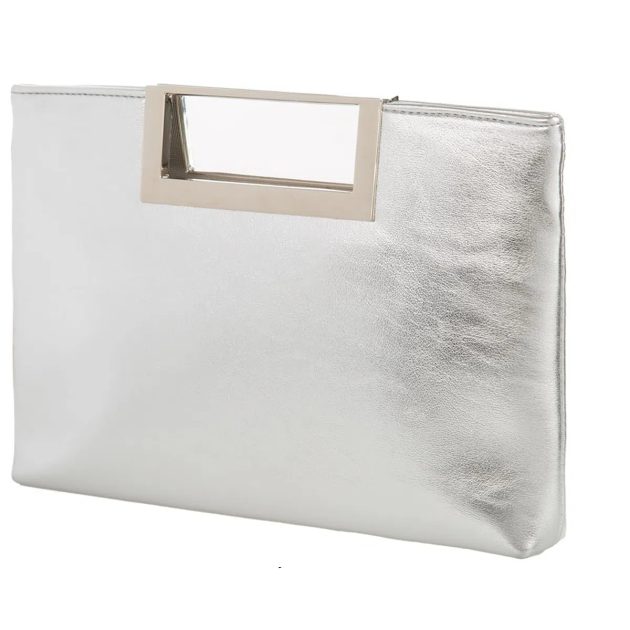 Silver Embossed Metal Top Handle Clutch
