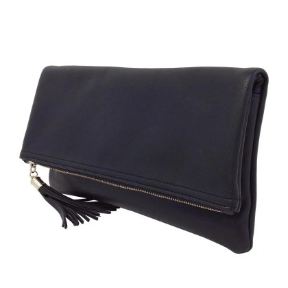 Faux leather zip-up tassel clutch
