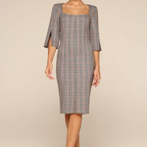 Check Square Neck Waist Dress