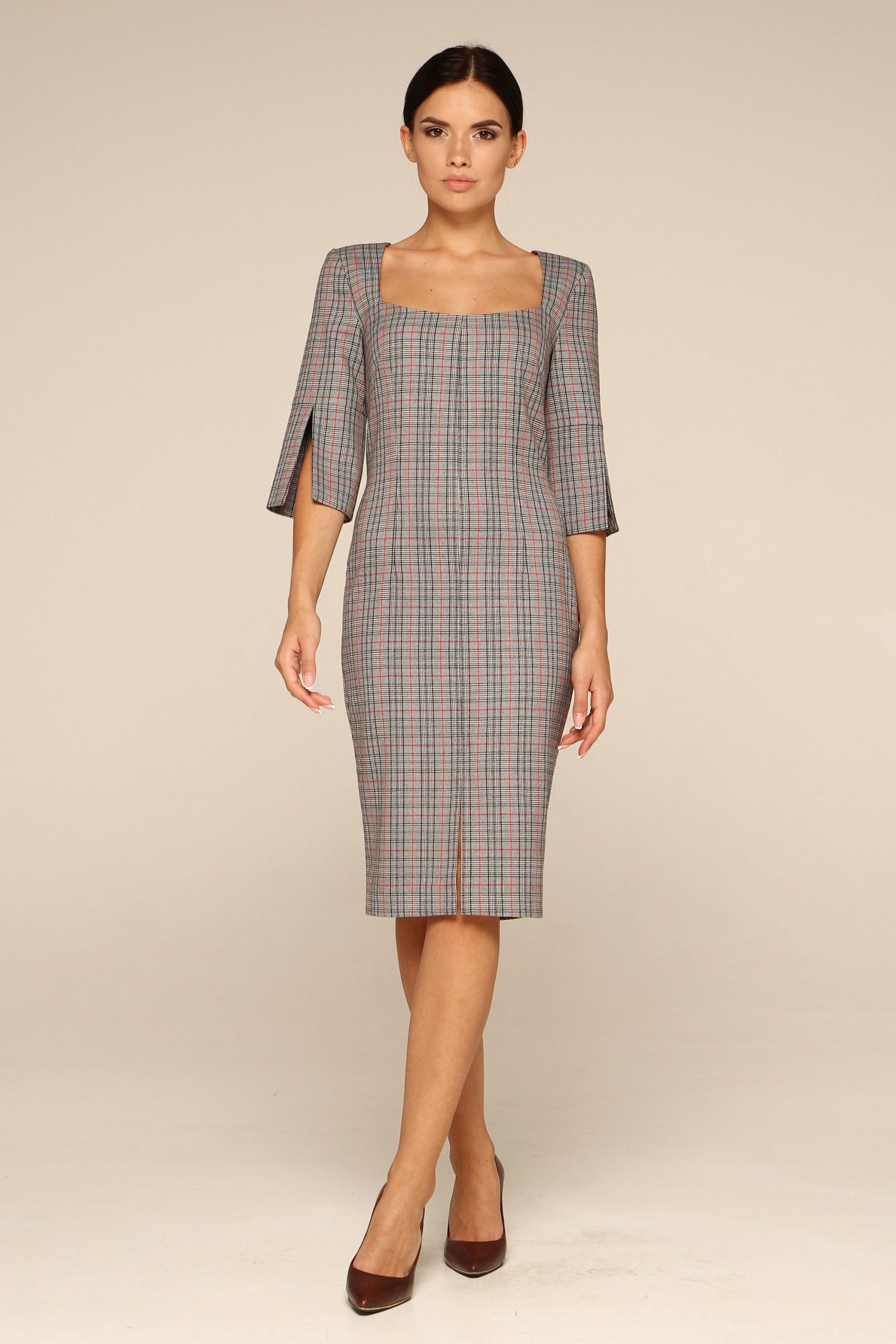 Check Square Neck Waist Dress