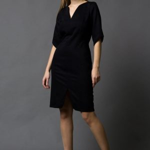 Black V Neck Slit Dress
