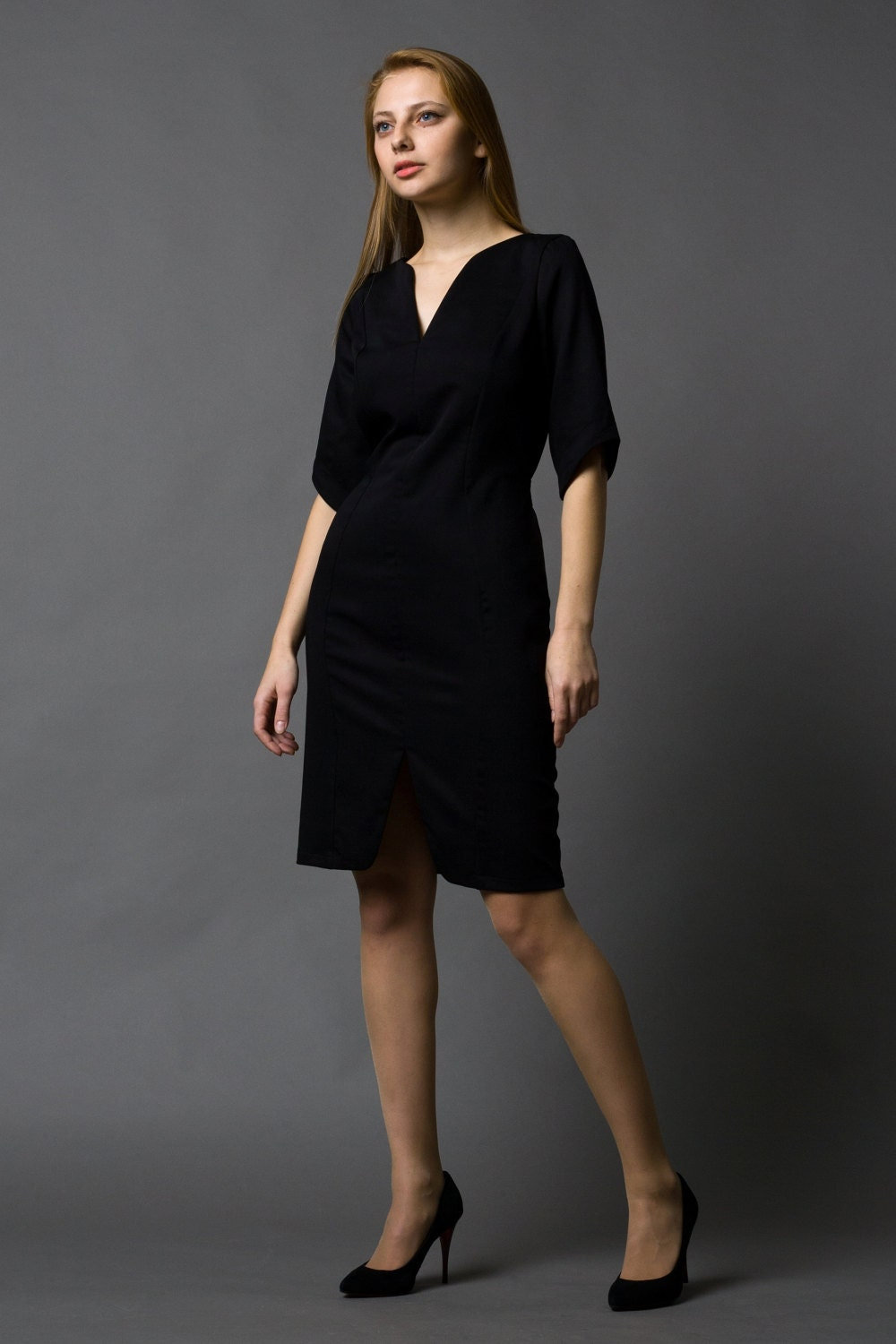 Black V Neck Slit Dress