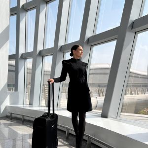 Stewardess style waisted black dress