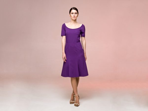 Purple Square Neck Elbow Sleeve Dress