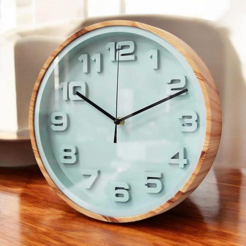 Light wooden wall clock with a fresh light blue dial