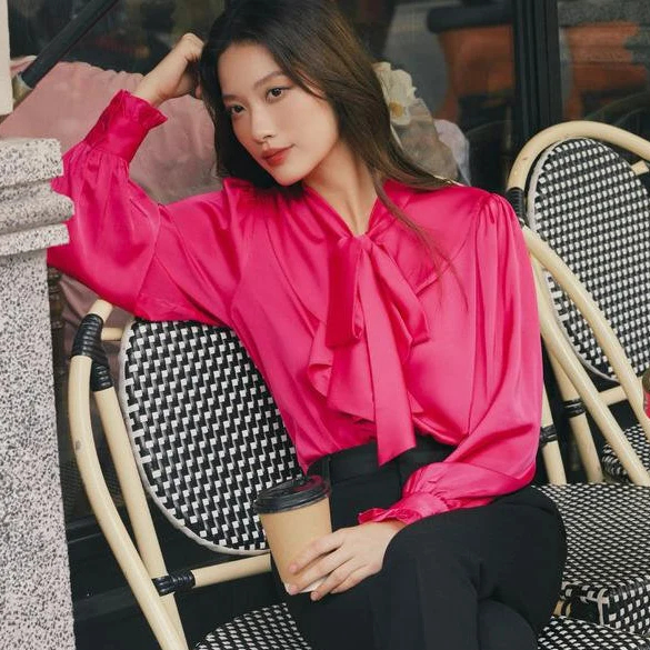 Rose pink satin bow shirt - Image 3