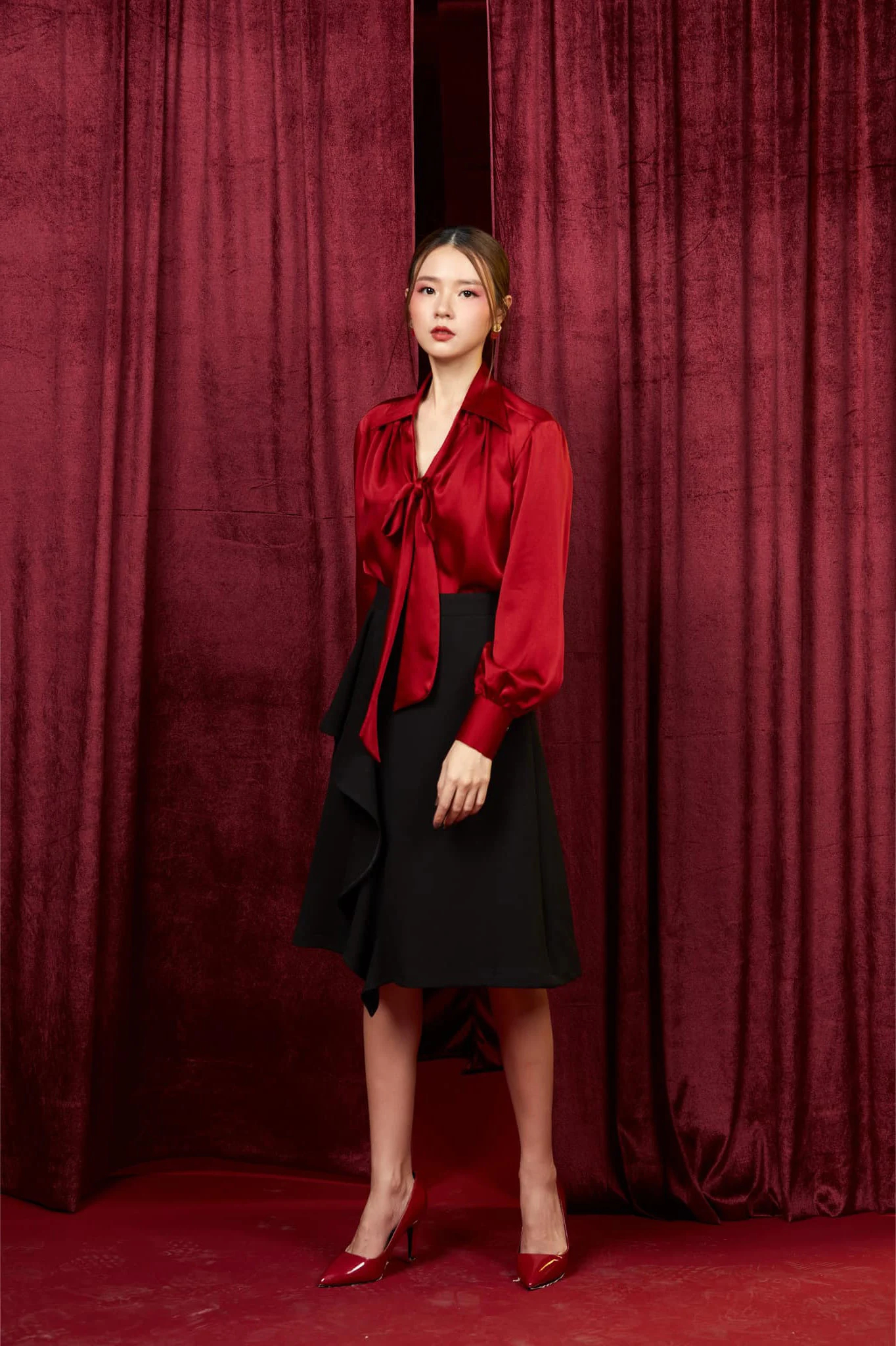 Burgundy satin bow-tie shirt