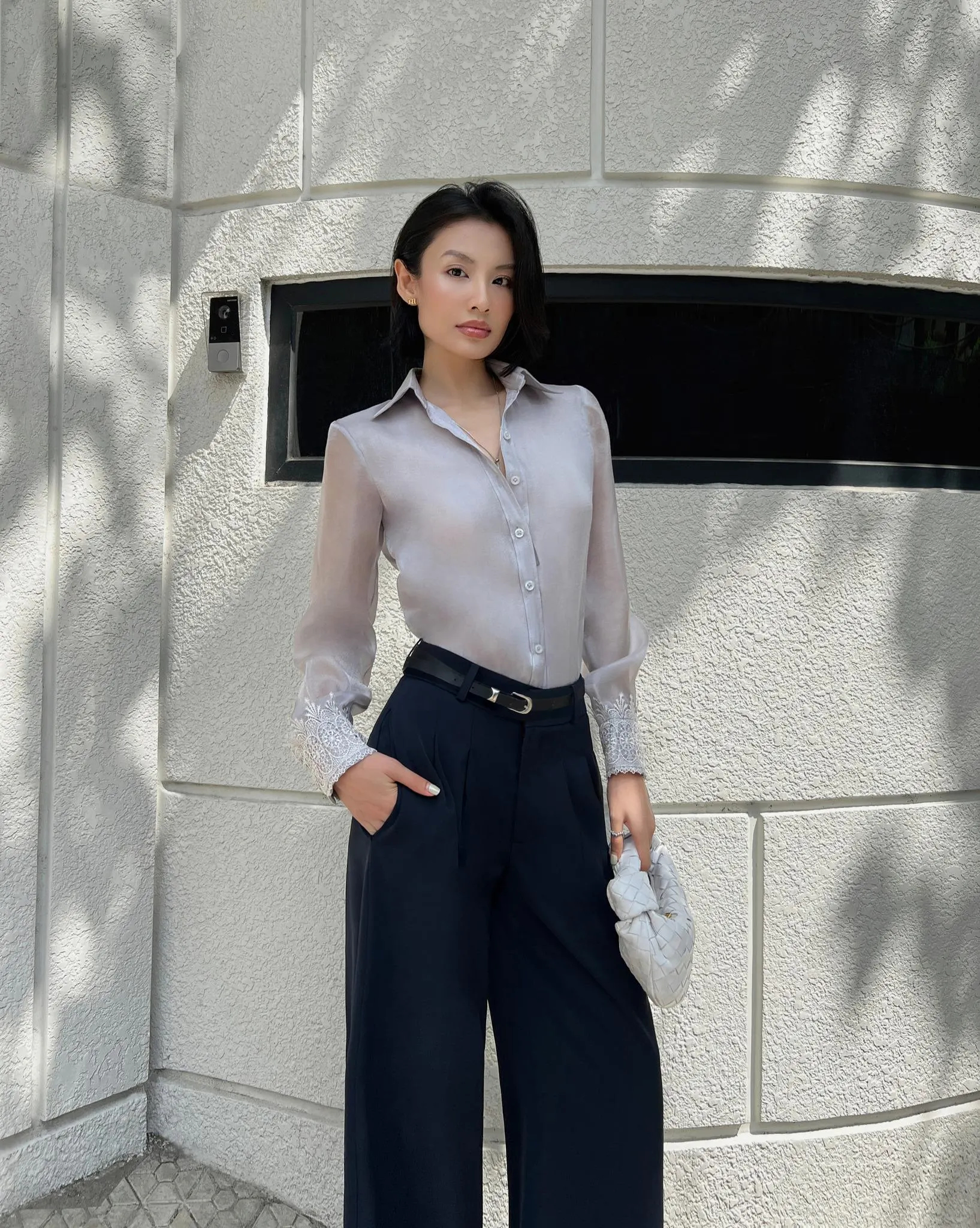 Silver tulle lace cuff shirt